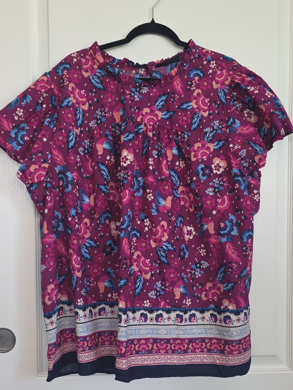 Lane Bryant Magenta Floral Short Sleeve Blouse with Blue Accents